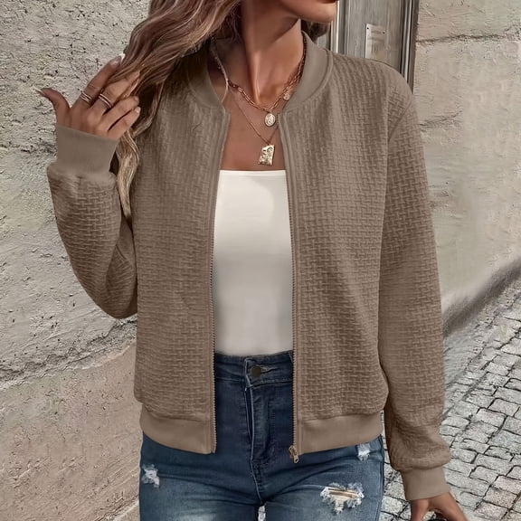 Kadlawus Fall Long Sleeve Collared Blazer Jacket Women Casual Zipper Front Lightweight Structured Fit Tops for Office Work Travel Wear, Brown XL