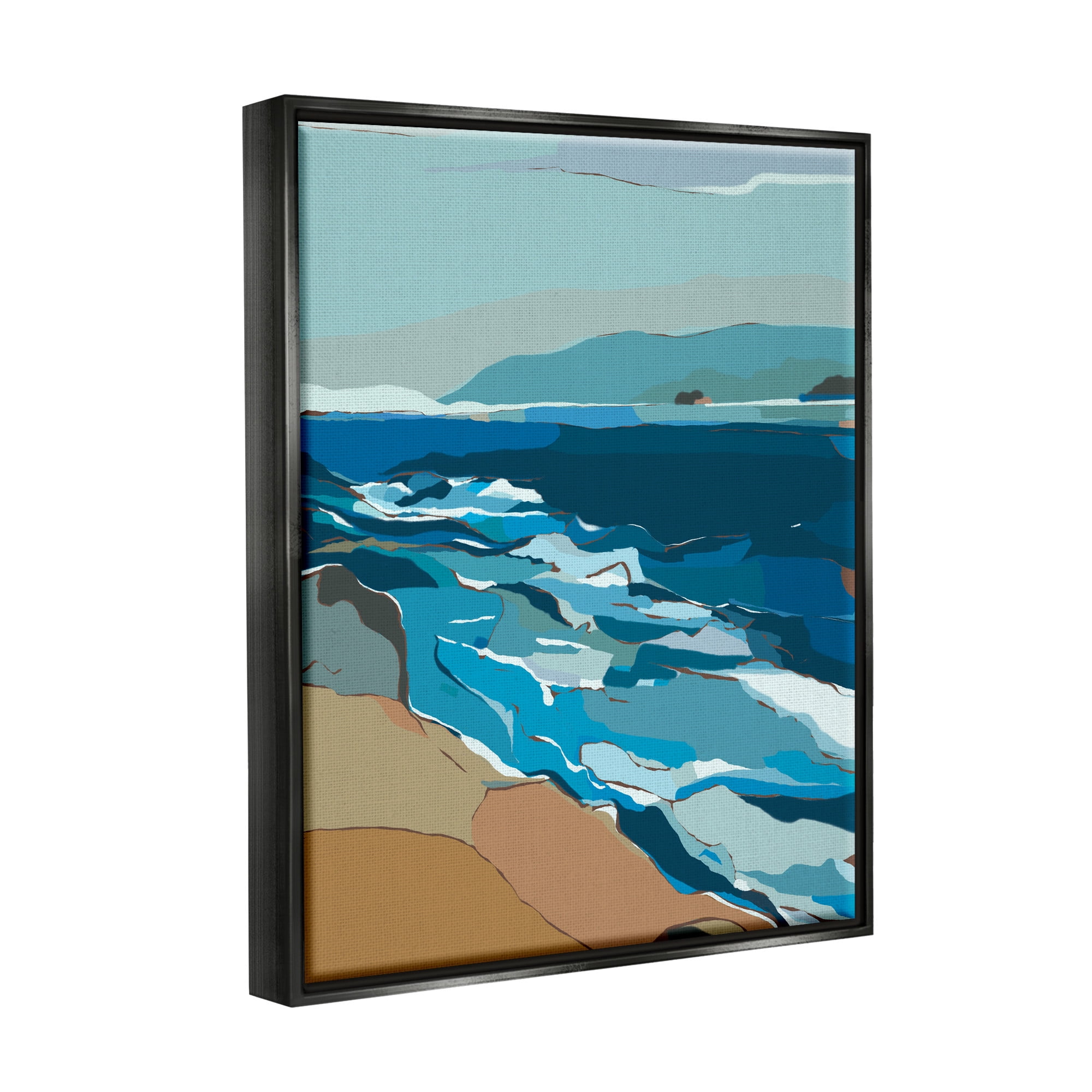 Stupell Industries Contemporary Beach Shore Waves Graphic Art Jet Black Floating Framed Canvas Print Wall Art, Design by Nikita Jariwala