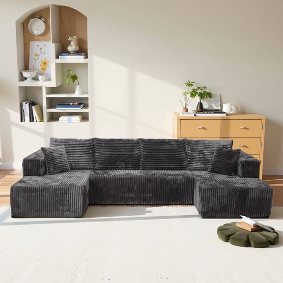 132" Modern Corduroy Boneless Sectional Couch,Oversized U-Shaped Modular Sectional Sofa with Double Chaise, Large Sectional Couches for living Room, No Assembly Required,Dark Gray