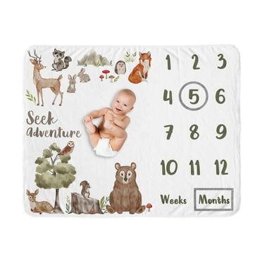 Sweet Jojo Designs Watercolor Woodland Forest Animals Multicolor Fleece Milestone Baby Blanket 3 Piece Set