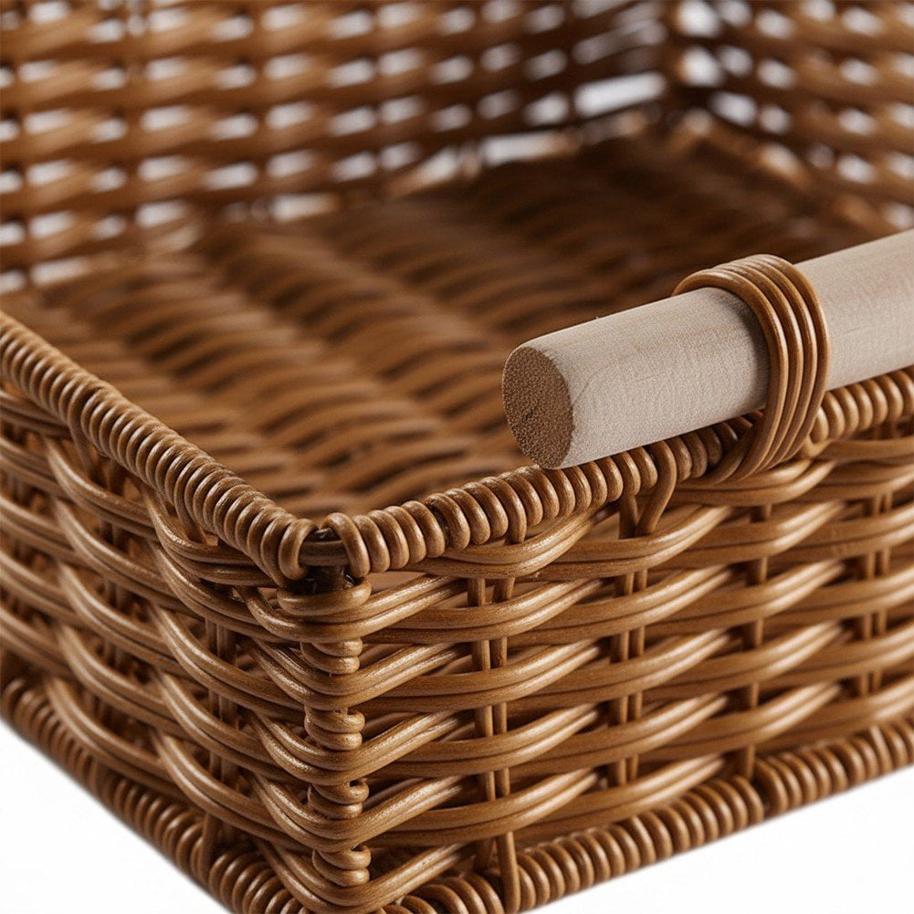 Hzzsbu Rattan Basket Handmade Woven Storage Baskets with Wooden Handle Rectangular Woven Baskets for Kitchen, Shelves