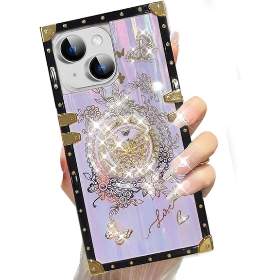 For iPhone 15 Plus Bling Stand Case, Luxury Glitter Floral Butterfly Foldable Kickstand Women Girls Cute Marble Shell Pattern Shockproof Protective Phone Cover Case for iPhone 15 Plus, Purple