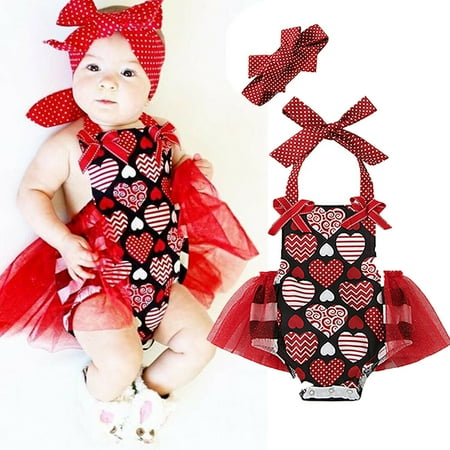

Infant Baby Girls Valentine s Day Outfits Heart Print Halter Romper Dress 0-24M