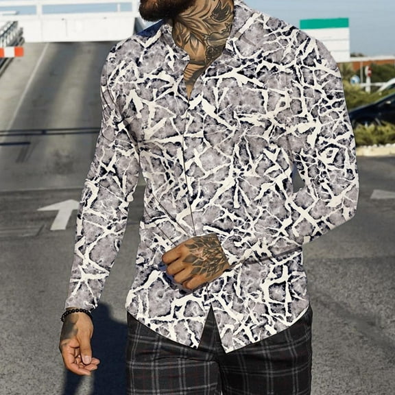 Aayomet Hawaiian Shirt Men Autumn Winter Single Casual Lapel Full Print Beach Long Sleeve Mens Summer Shirt Silver,M