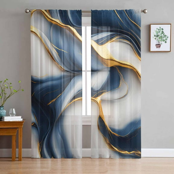 Navy Blue Marble Sheer Curtains 108 Inch Length 2 Panels Set for Living Room/Bedroom, Gold Modern Art Semi Curtain Sheers Drapes Rod Pocket Curtains Window Treatment Set 52''x108''x2