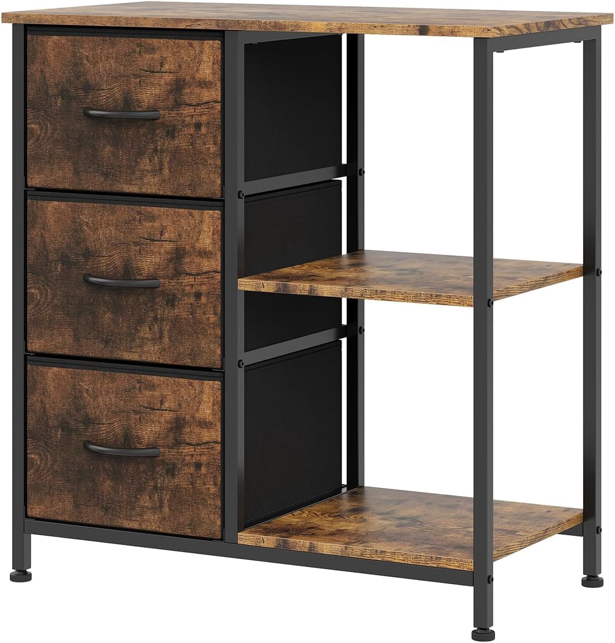 Rustic 3 Fabric File Cabinet and Printer Stand – Open Storage Shelf & Multi-Purpose End Table – Sturdy Steel Frame – Under Desk Organizer – Wood Color