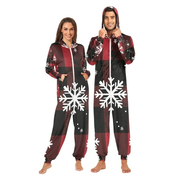 Christmas Snowflakes Lattice Adult Onesie Pajamas Slim Fit Christmas One Piece Suit Pjs for Women and Men Hooded Zipper