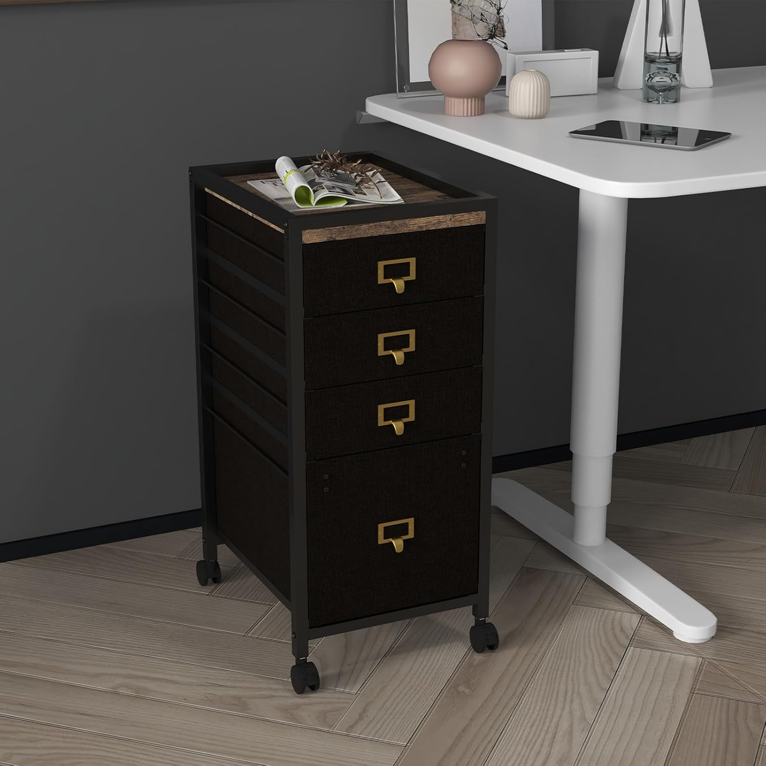 Mobile 4-Drawer File Cabinet on Wheels, Rolling Under Desk Storage Solution with Open Shelf and Printer Stand for Home Office, Fits A4 and Letter Size (11.8" D x 14.9" W x 26.2" H)