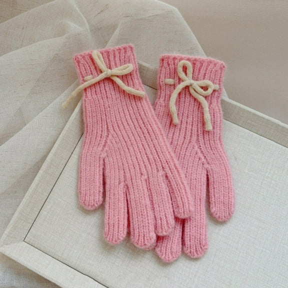 NAISIBABY Girls Winter Gloves, Full Finger Thicken Warm Cute Bowknot Kids Outdoor Knit Gloves Pink