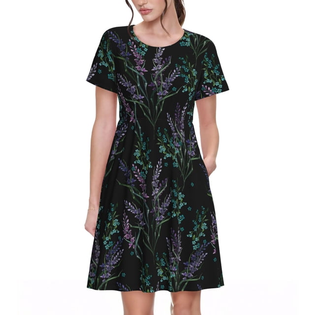 Bixox Robe d'Été à Manches Courtes pour Femmes Robe Ample Longueur Genou avec Poches-Fleurs Lavande