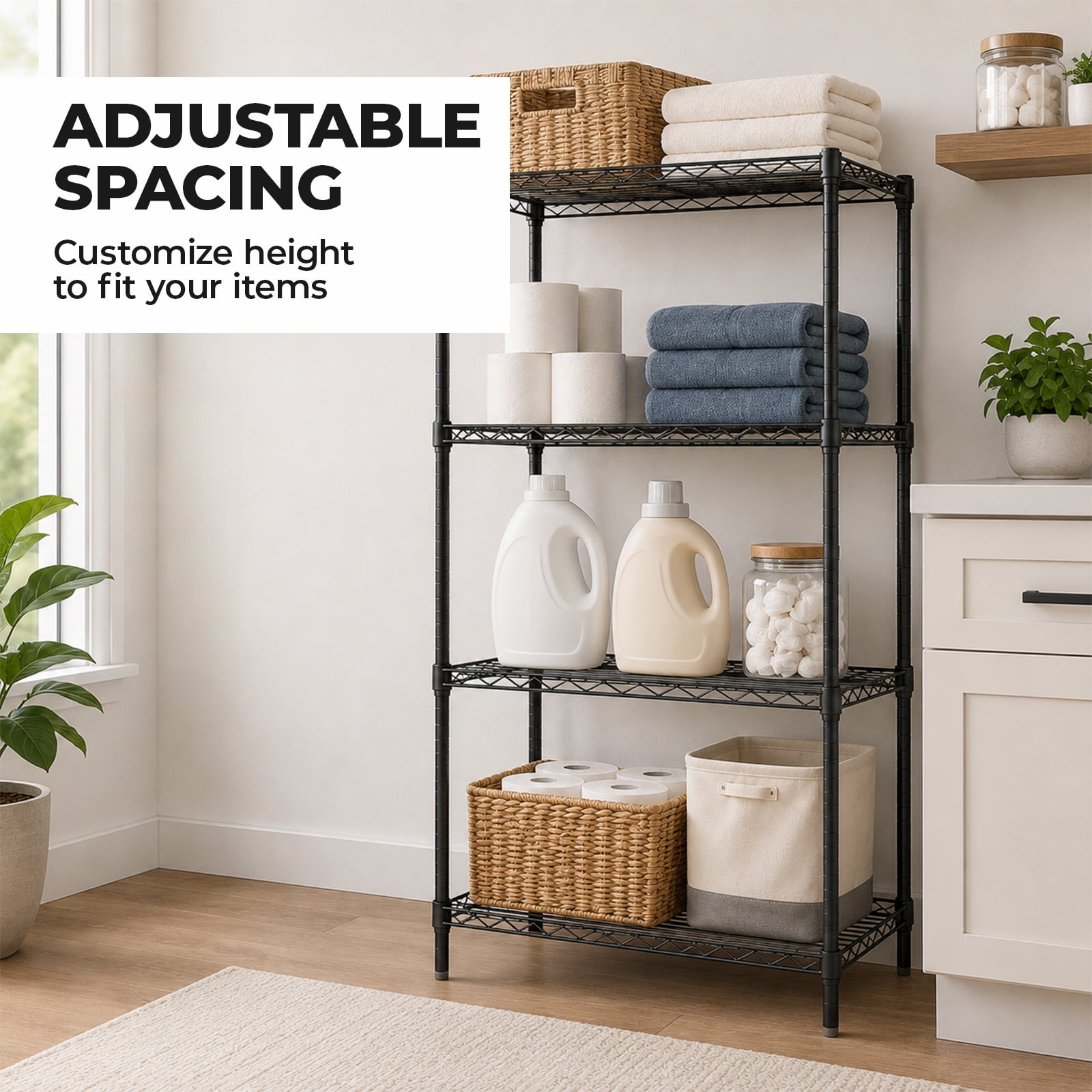 Alvantor 3/4/5-Tier Black Wire Rack 31in/48in/60in Heavy Duty Storage Shelving Adjustable Shelf Unit, Stable Steel Shelving, 200 lbs Capacity Per Shelf