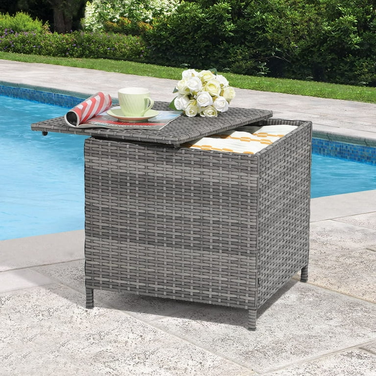 JOIVI Outdoor Wicker Side Table All weather Rattan Small Storage Box End Table Square Resin Coffee Table with Iron Frame Grey