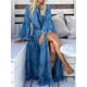 thumbnail image 2 of Vestido largo de mezclilla para mujer, vestido largo irregular con cuello redondo, vestido elegante informal de fiesta de manga larga, vestido liso con abertura y volantes, 2 of 4
