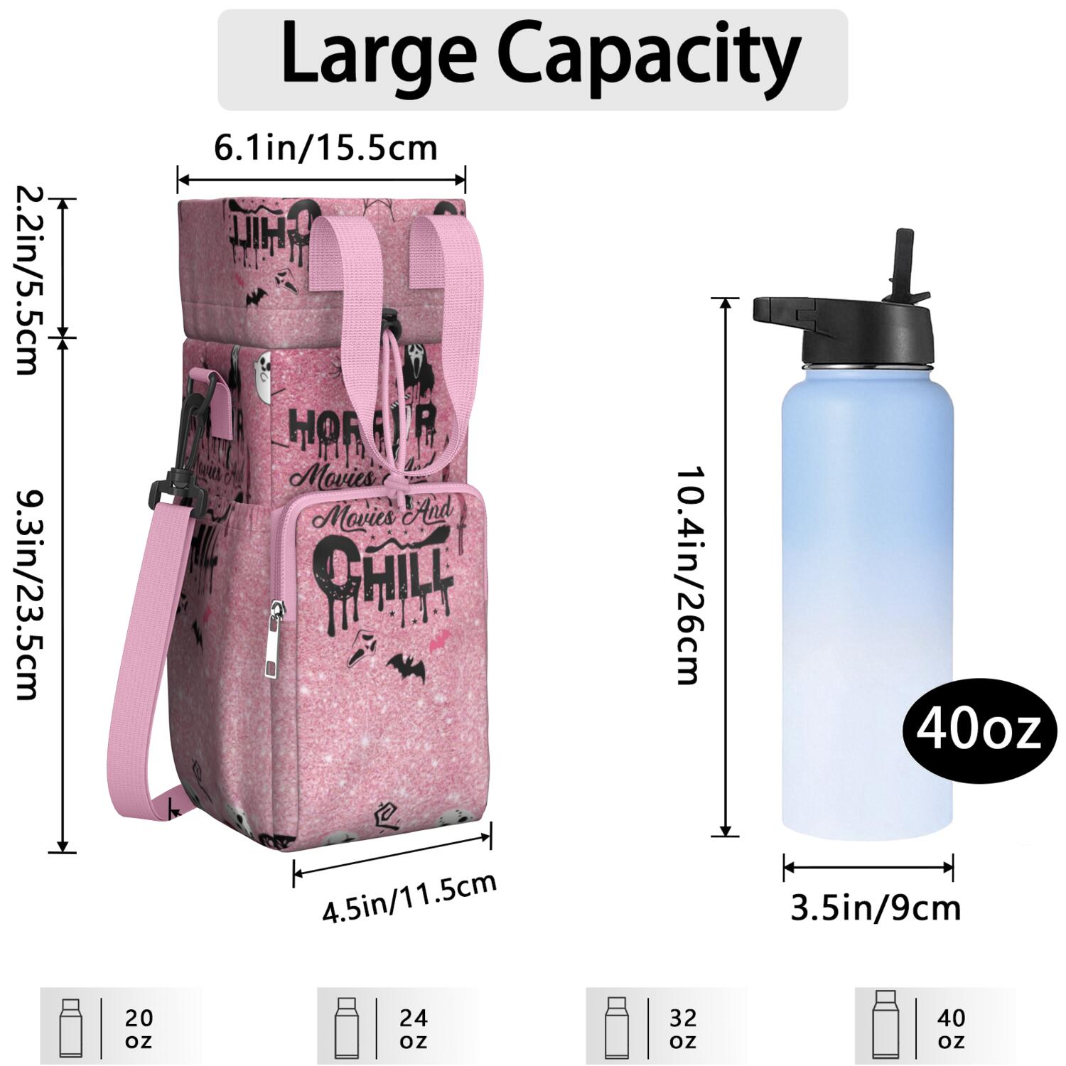Insulated Halloween Ghostface Water Bottle Carrier Bag Sleeve with Strap Crossbody for 20/24/32/40oz Tumbler,Horror Spooky Water Bottle Holder Sling Bag with Pocket Gifts for Women Men Adults