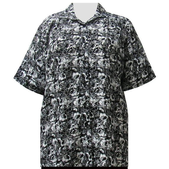 A Personal Touch Women's Plus Size Short Sleeve Button-Up Print Blouse with Pleats - Black & White Floral Garden - 0X