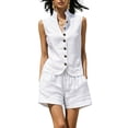 thumbnail image 3 of VBVC Women's Linen Sleeveless Vest 2 Piece Short Sets , Summer Vacation Matching Outfits For Women , Ladies' Stand Collar Button Suit Sets with Pockets,White,S-2XL, 3 of 6