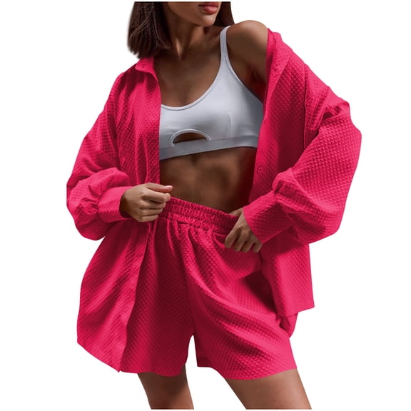 zfwon Co Ord Sets for Women 2 Piece Matching Set Solid Color Collared Button Down Shirts & Elasticated Waist Shorts with Pocket Casual Co Ord Outfits Summer Wear