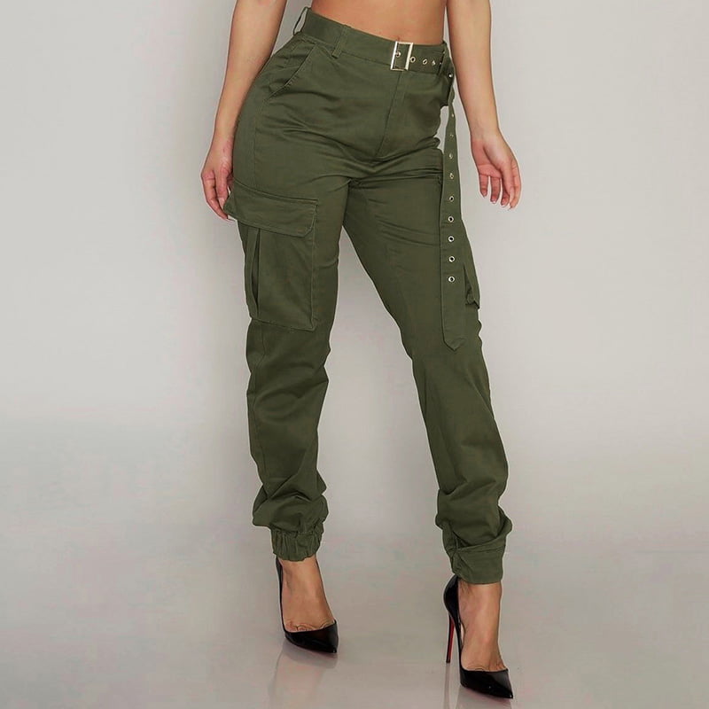 Casual Women Cargo Pants Solid Color High Waist Functional Pockets Punk ...