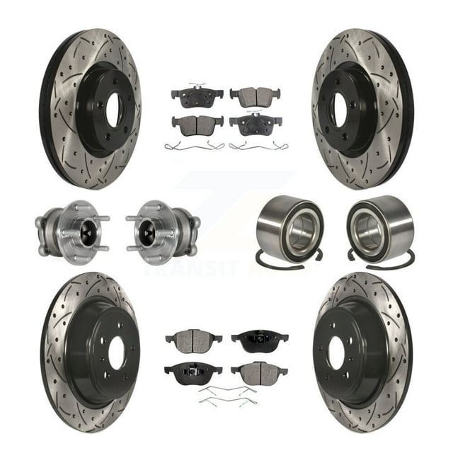 Transit Auto Front Rear Wheel Hub Bearing Assembly Coated Disc Brake Rotor and Ceramic Pads Kit (10Pc) for Car 2017-2019 Ford Escape FWD with 2.5L 1.5L with Parking Assist - Left Right Side KBB-127877