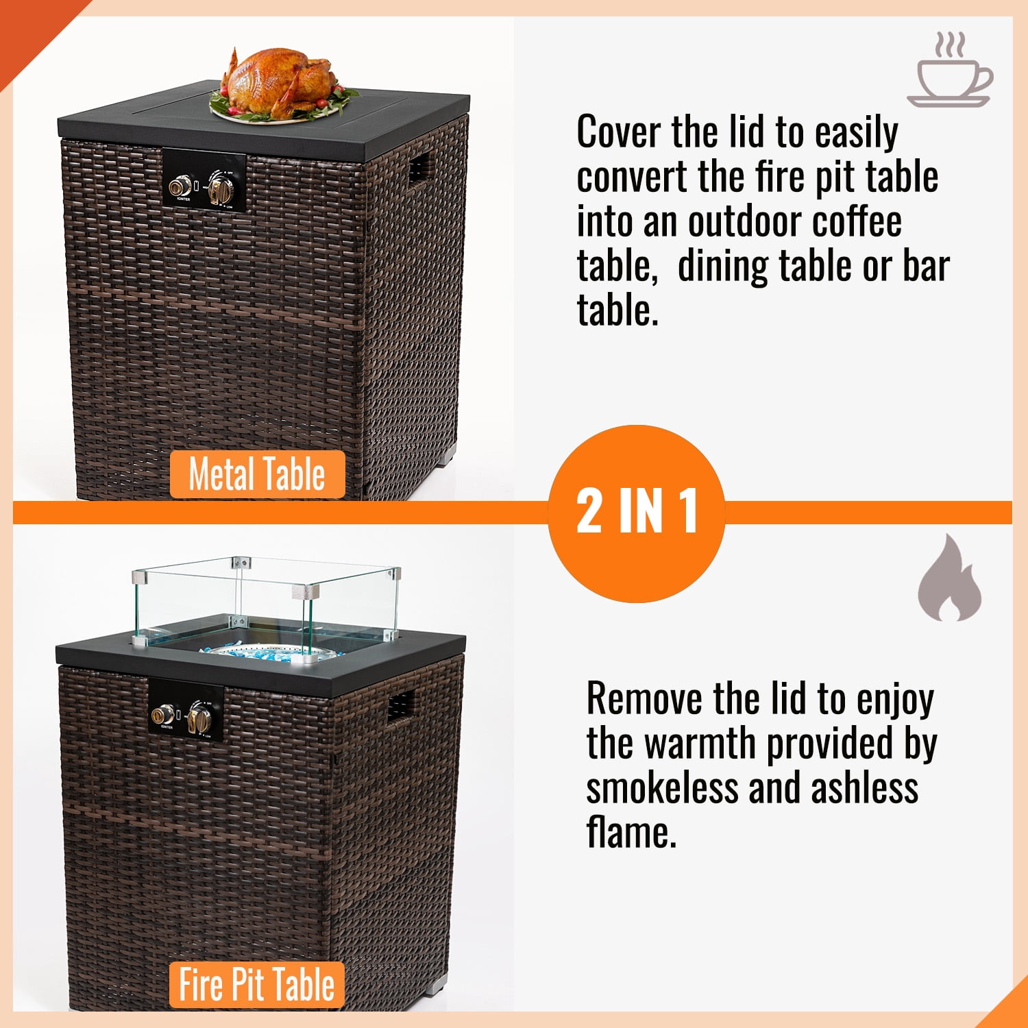 AJ Enjoy 22" Square Wicker Fire Pit Table, 40,000 BTU Gas Propane Heater for Patio Garden