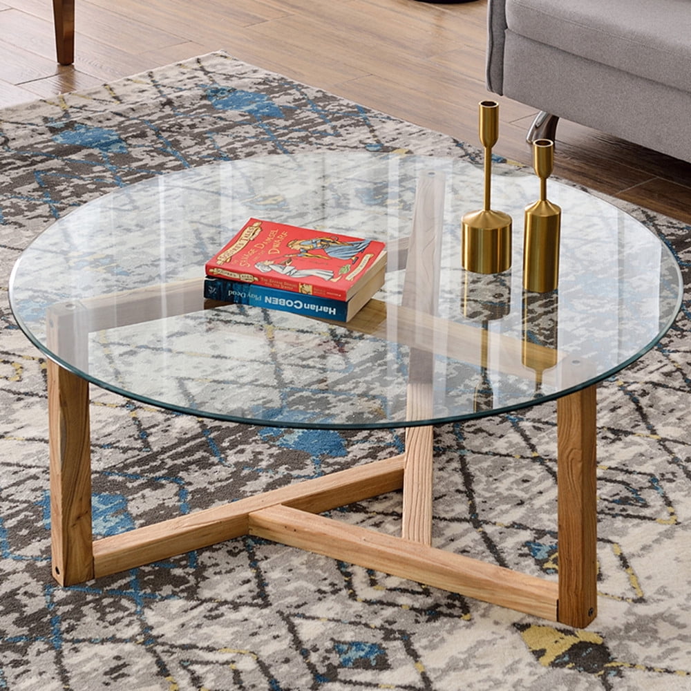 Round Glass Coffee Table, Modern Cocktail Table with Sturdy Wood Base