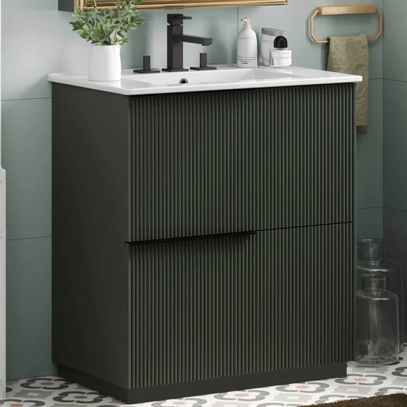 Resenkos 30" Bathroom Vanity with Ceramic Sink, Full-Extension Drawers, Soft Close Undermount Slides, Fluted Design - Black