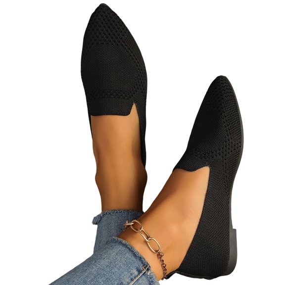 HTHLVMD Knit Mesh Pointed Toe Flats, Breathable Slip-On Loafers, Womens Summer Fashion Mesh Pointed Toe Breathable Solid Color Casual Shoes Lightweight Comfortable One Step, Black 6