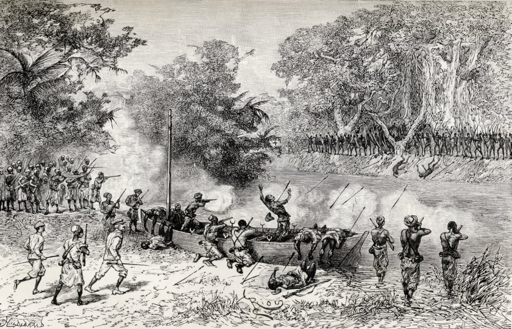 Sir Henry Morton Stanleys Emin Pasha Relief Expedition 1886 To 1889 Being Attacked By Avisibba Cannibals Using Poisoned Arrows From In Darkest Africa By Henry M Stanley Published 1890 Canvas Art - Ken