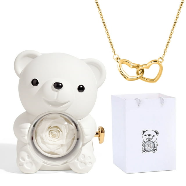 Boîte de Roses Rouges Préservées & Ours Rouge Mignon, Fleurs Éternelles Roses Cadeaux d'Anniversaire pour Elle Maman Femme Petite Amie Grand-Mère pour la Saint-Valentin Fête des Mères Noël