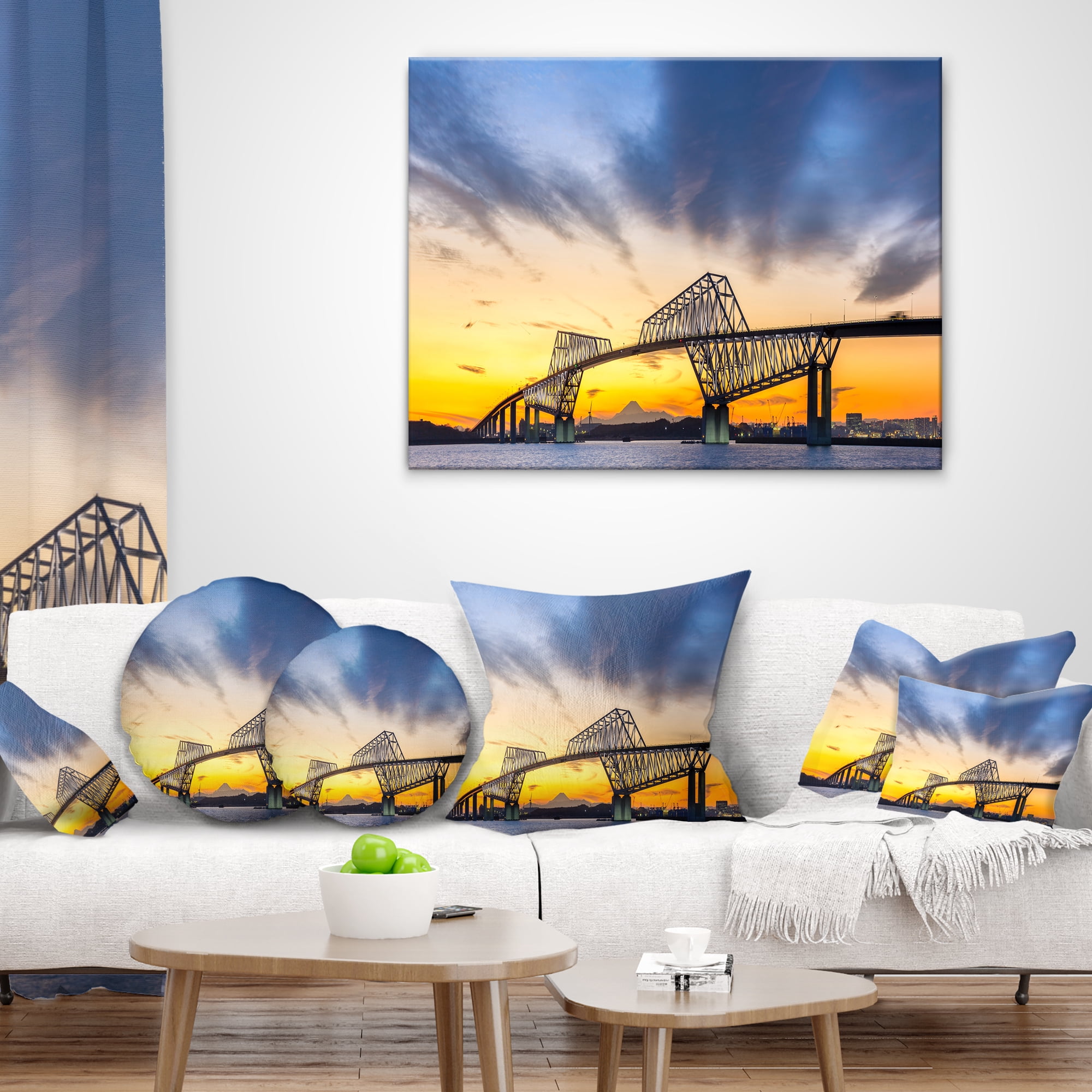 Designart Tokyo Gate Bridge Panorama - Landscape Printed Throw Pillow - 16x16