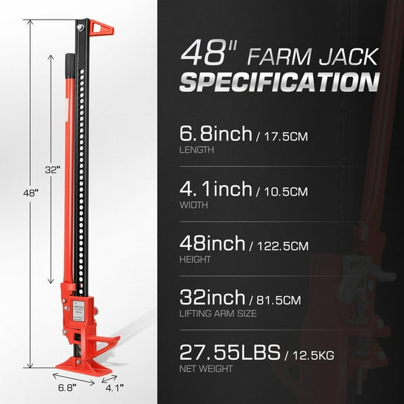 48'' High Lift Farm Jack 6600lbs Capacity Ratcheting Utility Jack for Car Truck Tractor SUV ATV UTV