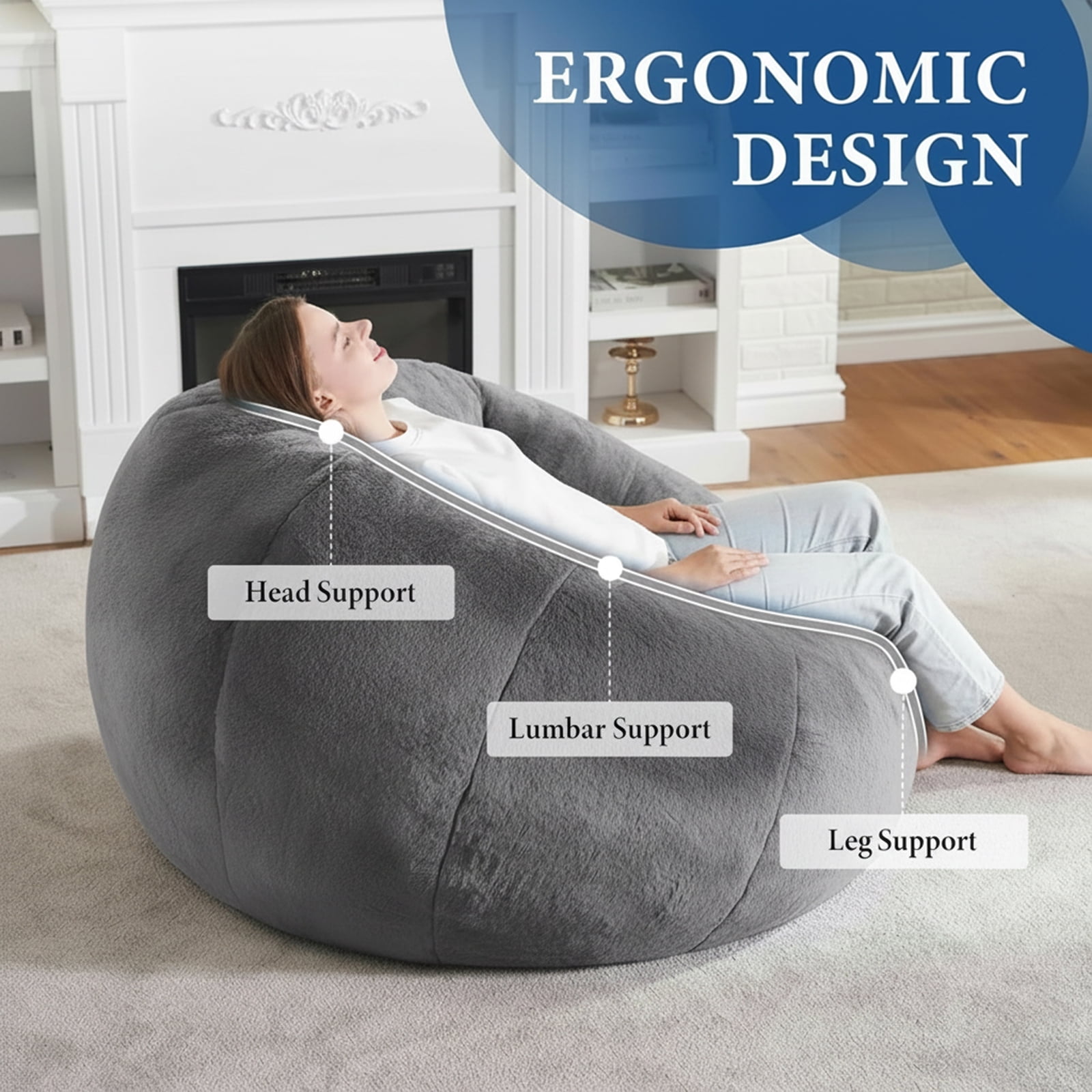 Large Bean Bag Chair for Adults, Oversized Memory Foam Beanbag Sofa with Soft Ice Flower Velvet Cover for Reading, Gaming & Relaxing (Grey)