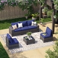 thumbnail image 7 of LazySunsets 6-Piece Outdoor Wicker Patio Conversation Set, Grey Rattan Sofa with Navy Blue Cushions, Tempered Glass Coffee Table for Backyard Garden Deck, 7 of 7
