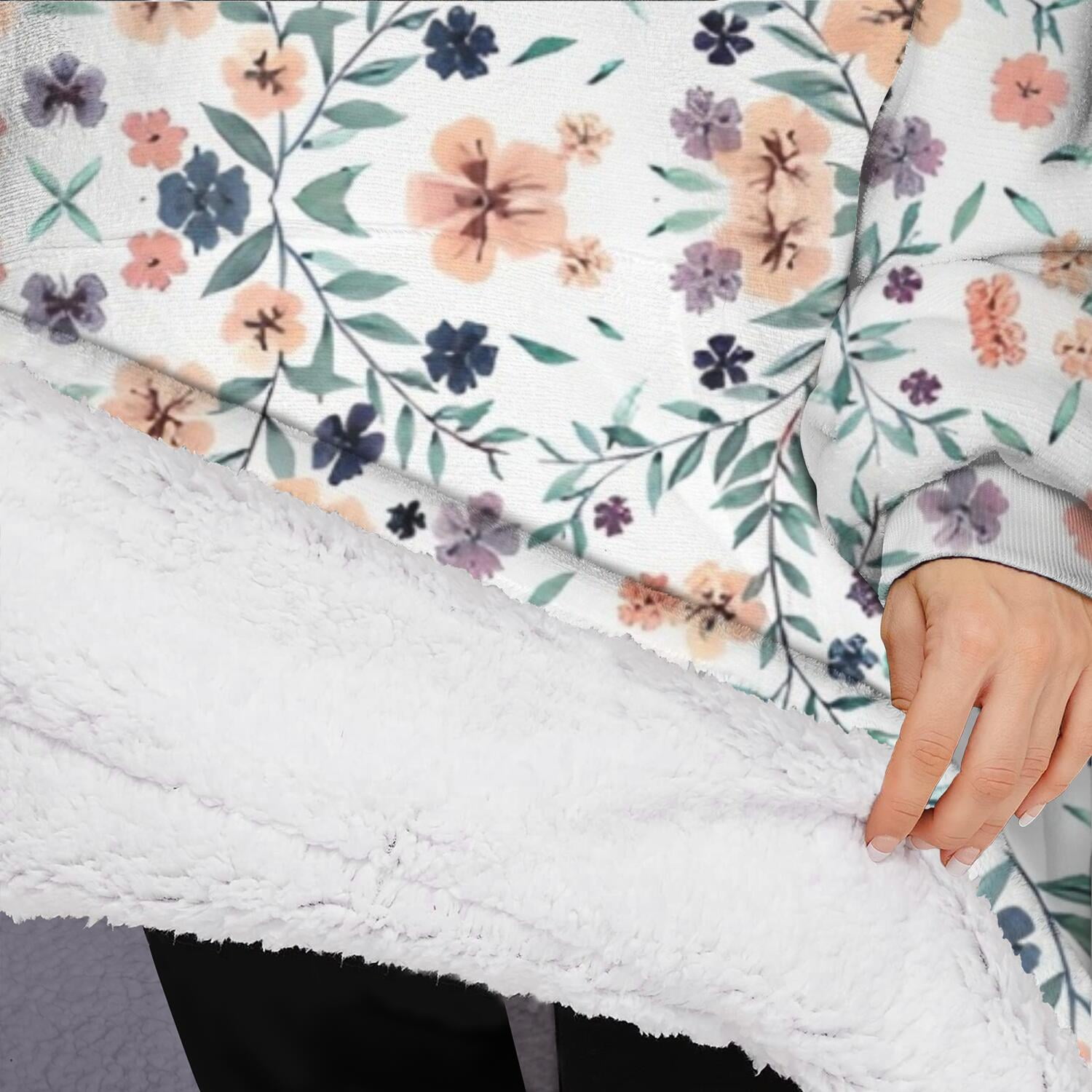 Oversized Wearable Blanket Hoodie,Light Pioneer Flower Pattern Sherpa Blanket Hoodie with Super Pockets,Super Warm Fuzzy Pullover for Women & Men