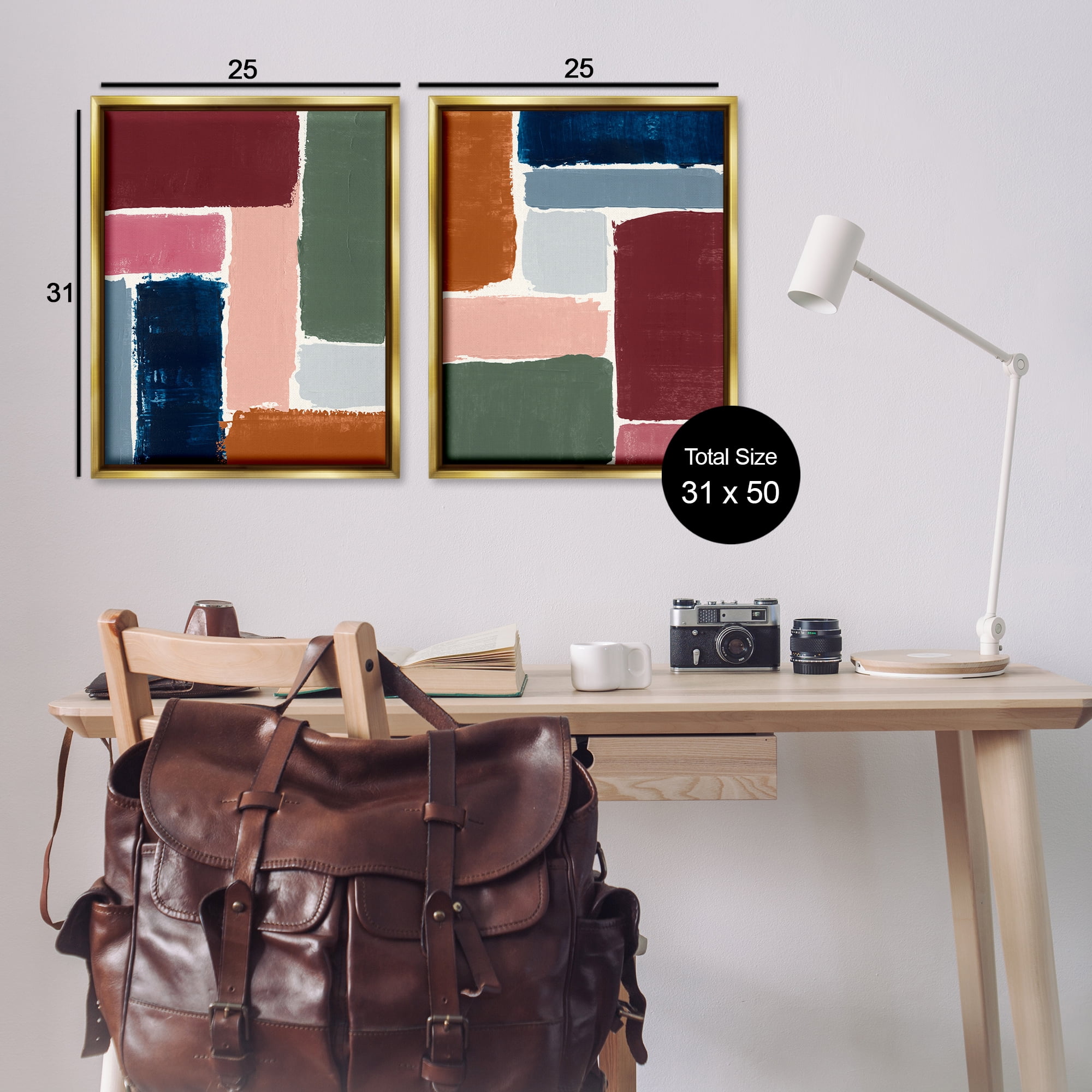Stupell Industries Abstract Modular Color Block Abstract Painting Gold Floater Framed Canvas Art Print Wall Art, 31 x 25, Set of 2