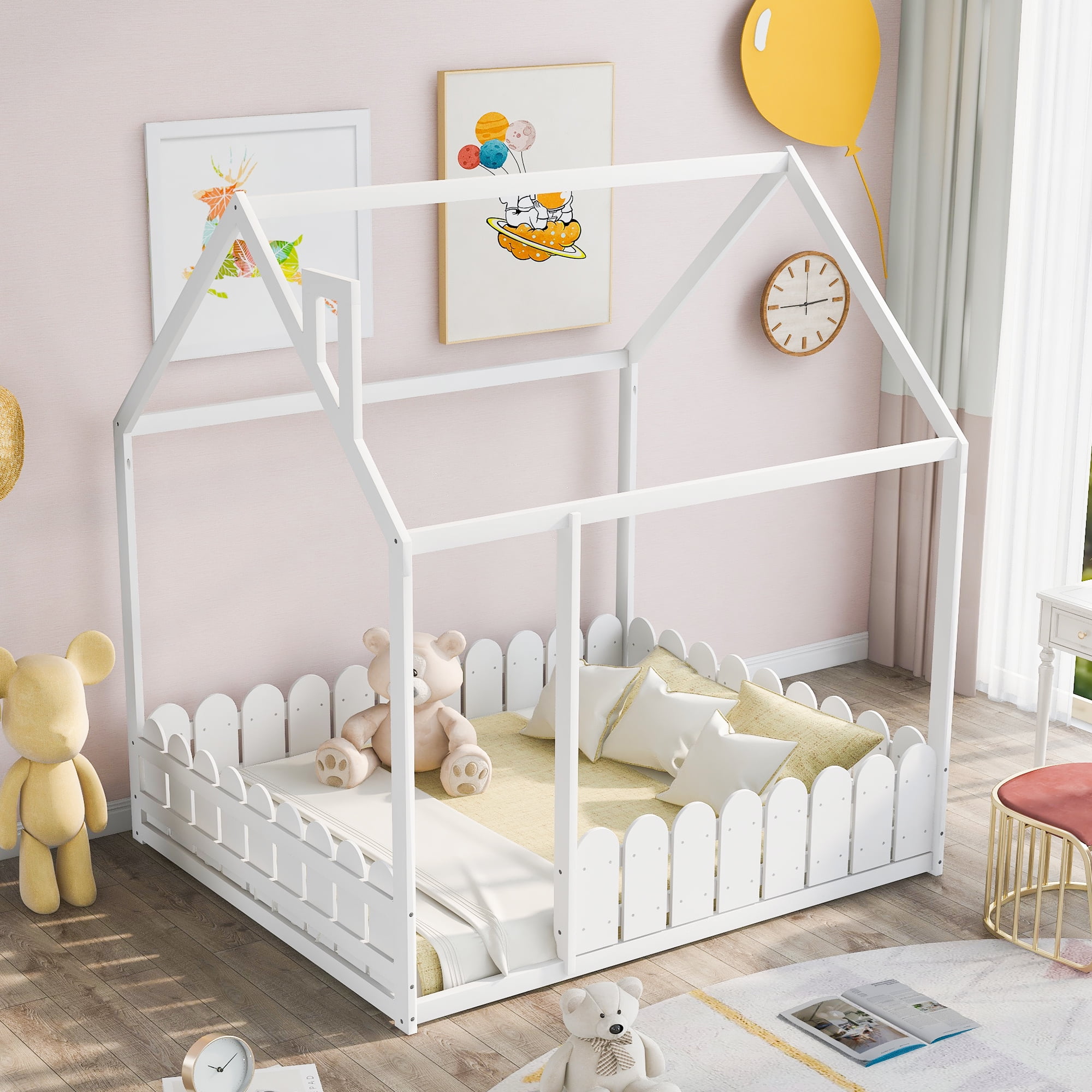 Full Size Fence Bed Frame, Cabin Bed, Floor Bed, House Bed, Kids Bed with Roof and Fence, for Kids/Teens (White )