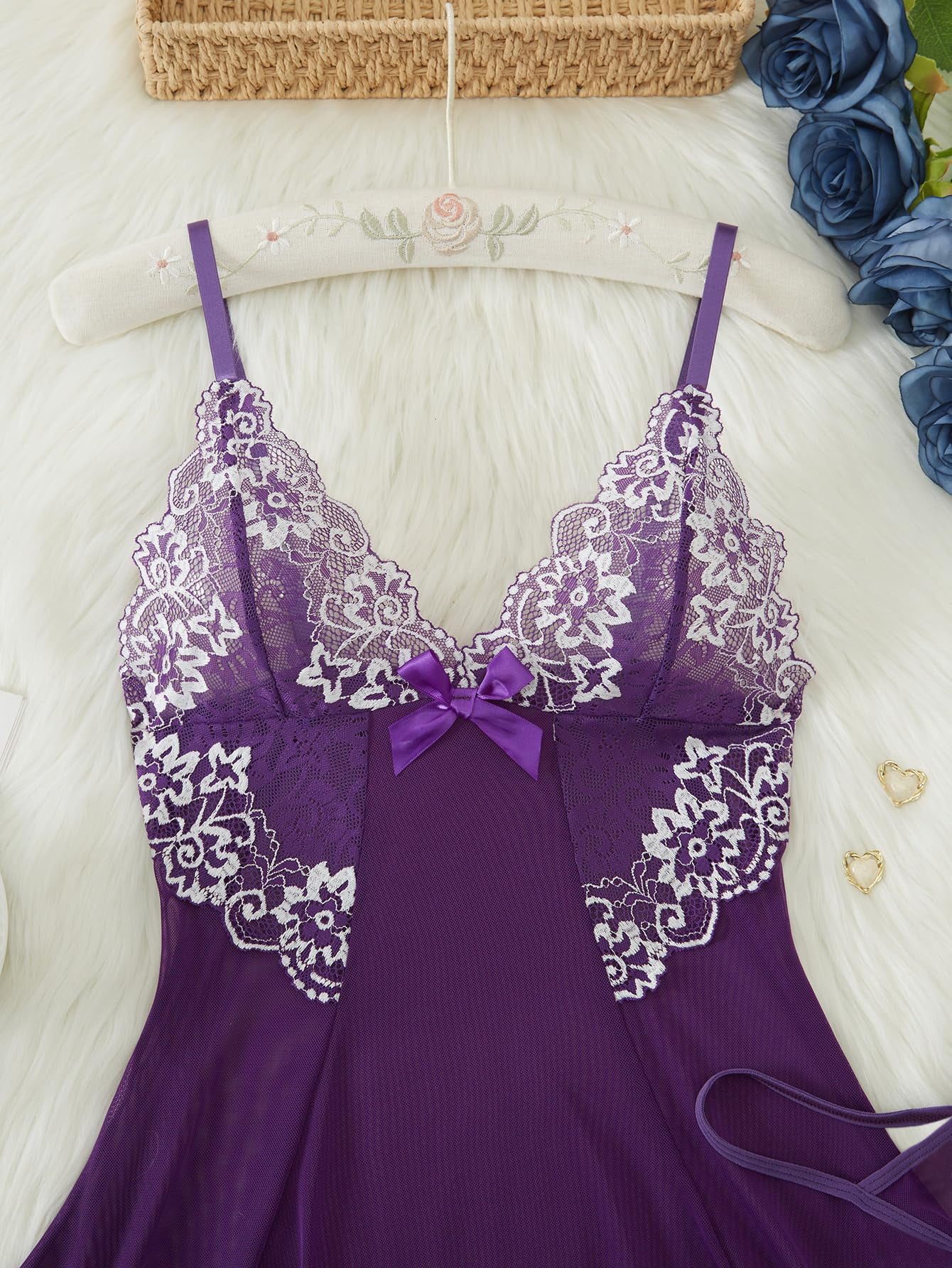 Women Lace Lingerie, Sexy Bow Mesh Sheer Babydoll V - Neck Mini Chemises Negligees with G - String