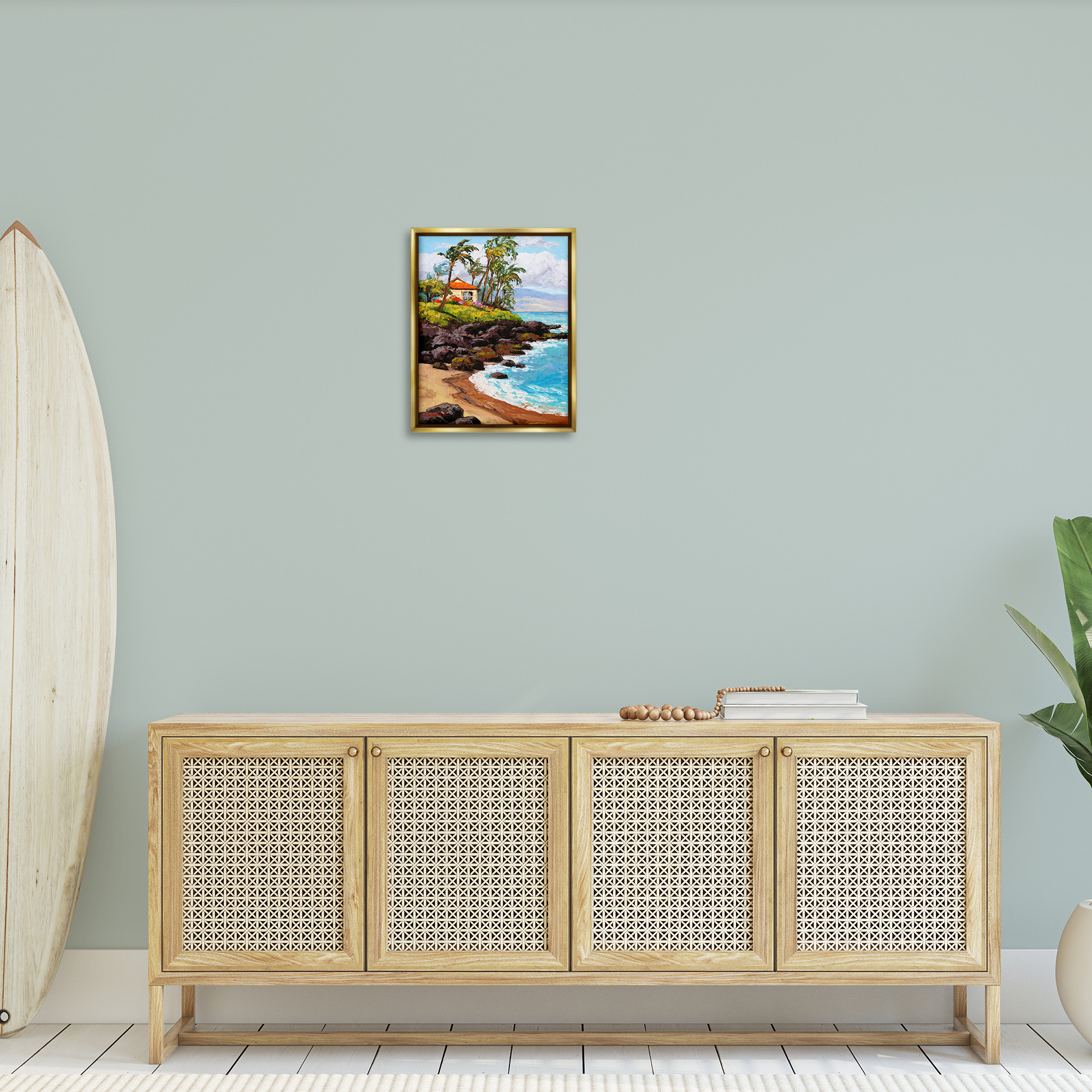 Stupell Industries Tropical Cottage Cove Landscape Painting Gold Floater Framed Canvas Art Print Wall Art, 17 x 21