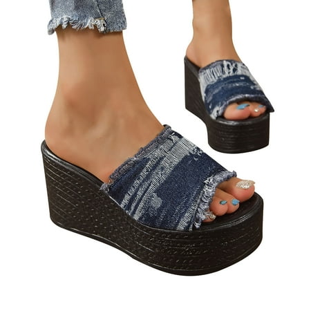 

Fall Winter Savings Clearance! Itsun Platform Sandals Women Women s Foreign Trade Plus-size Wedge Toe Denim Fish Mouth Sandals With Thick Sole Blue