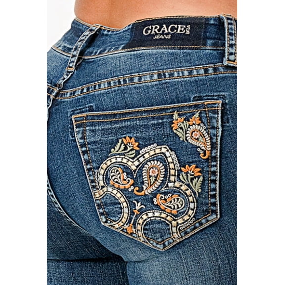 Grace In LA Women's Fleur De Lis Embroidered Pockets Bootcut Stretch Jeans (25, Blue)