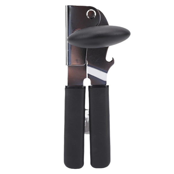 Stainless Steel Manual Can Opener with Soft Touch Handle, Built-In Bottle Opener, Black
