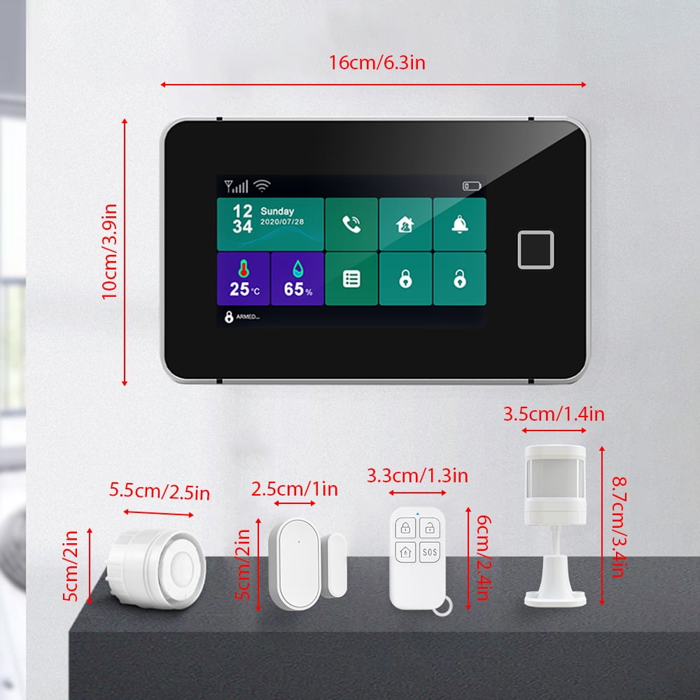 2G WiFi TY Wireless Home Alarm System 4.3-inch Full Touch Screen Alarm Panel with Fingerprint Unlocking SOS Anti-theft Alarm Temperature and Humidity Wireless Alarm System for Home Security
