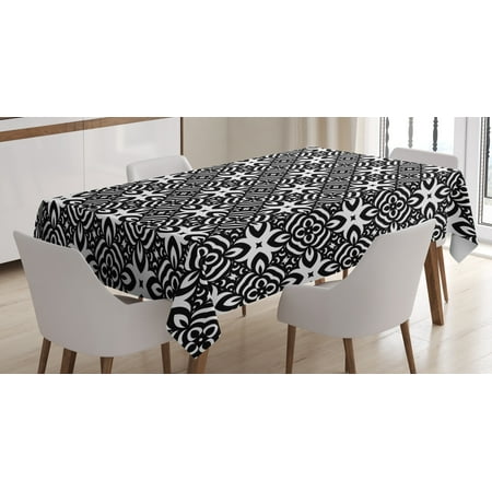 Vintage Floral Pattern - Black and White Tablecloth, Abstract Checkered Pattern Design with Monochrome Floral Details Vintage, Rectangular Table Cover for Dining Room Kitchen, 60 X 90 Inches, Black White, by Ambesonne
