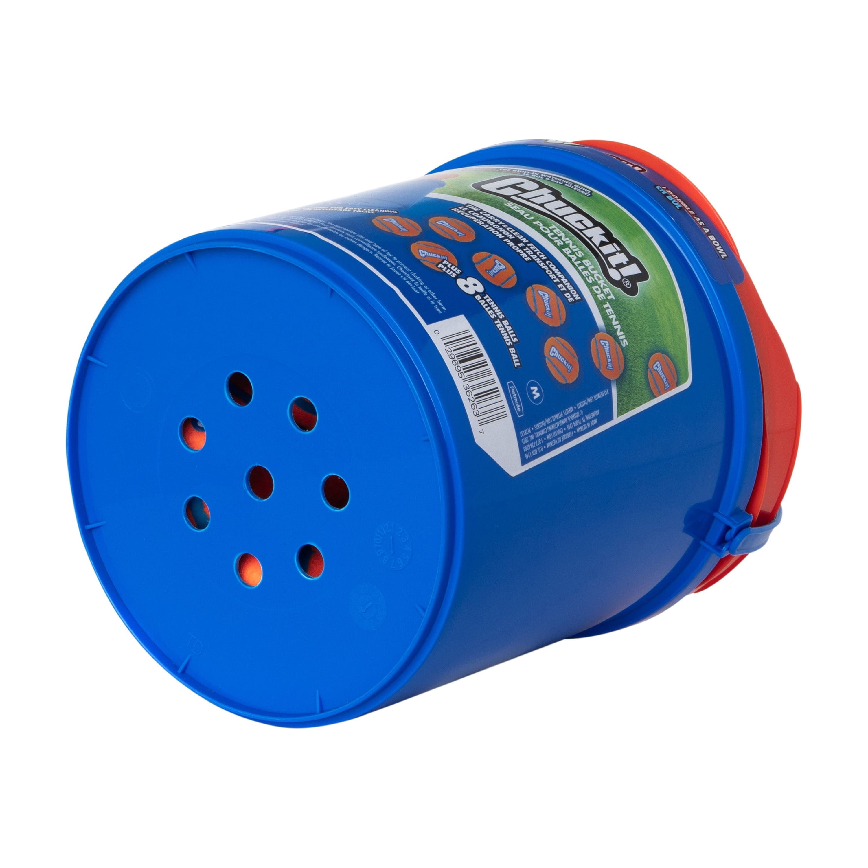 Chuckit! Bucket with Tennis Dog Balls Fetch Toy for Dogs, Comes with 8-Pack Medium 2.5" Tennis Balls for Easy Carry and Clean