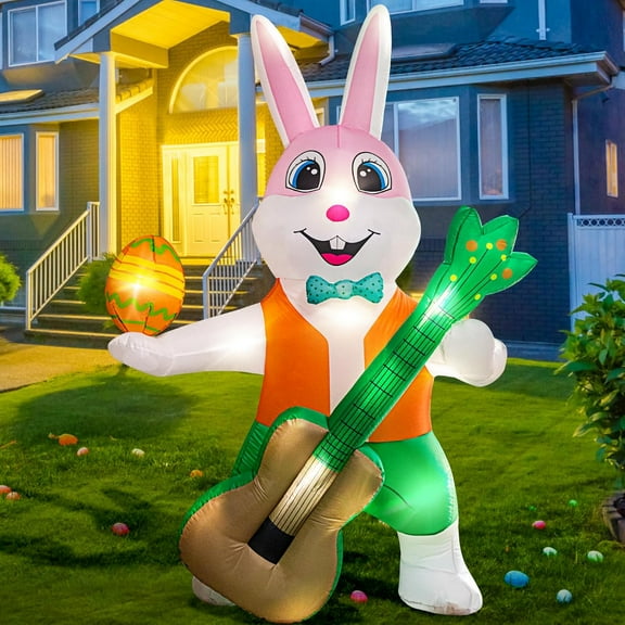 6 FT Easter Inflatables Outdoor Decorations,Inflatable Easter Bunny Holding Easter Eggs and Guitar with Build-in LED Lights,Easter Blow up Yard Decorations for Easter Party,Outdoor,Garden,Lawn Décor