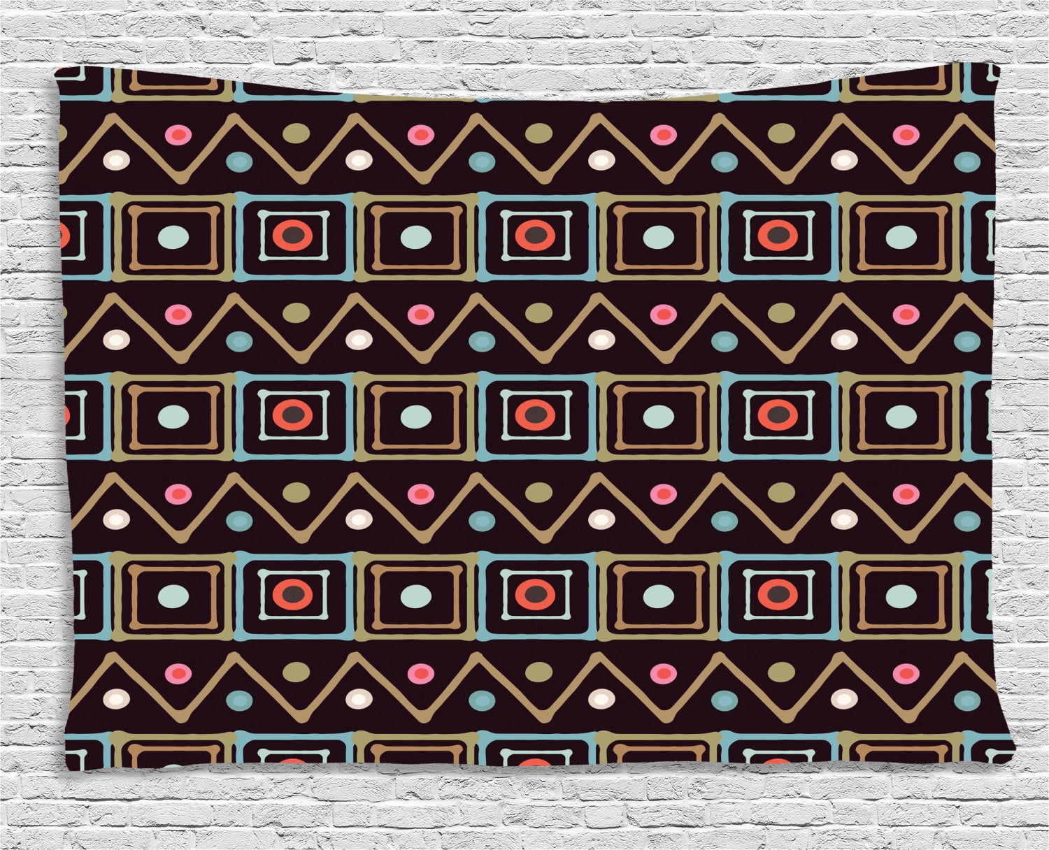 African Tapestry, Horizontal Native Borders in Lively Colors Squares Zig Zag Stripes with Little