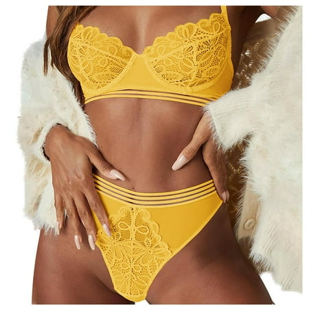 

Knosfe Women Eyelash Bra and Panty Set Sexy Lace Lingerie Set Floral Babydoll L