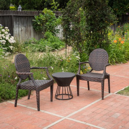 Anaheim 3 Piece Set - Anaheim Outdoor 3 Piece Wicker Stacking Chair Chat Set with Round Table, Multibrown