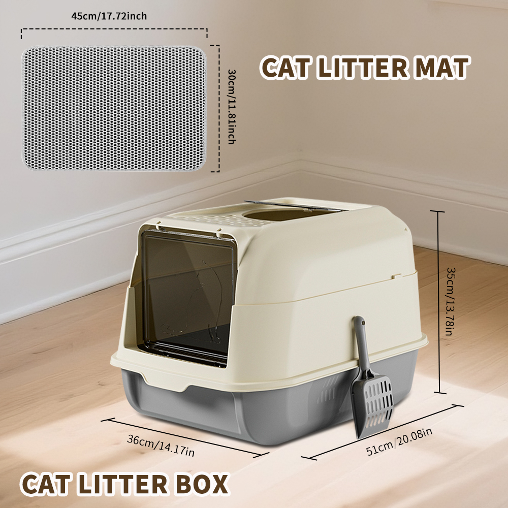 Fully Enclosed Cat Litter Box + Mat, Splash-Proof and Leak-Proof, High Edges, Odorless Design, Gray