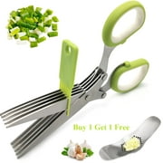 Herb Scissors with 5 Blades Bonus Garlic Press, Kitchen Gadgets for Cutting, Herb Cutter Shears, Green